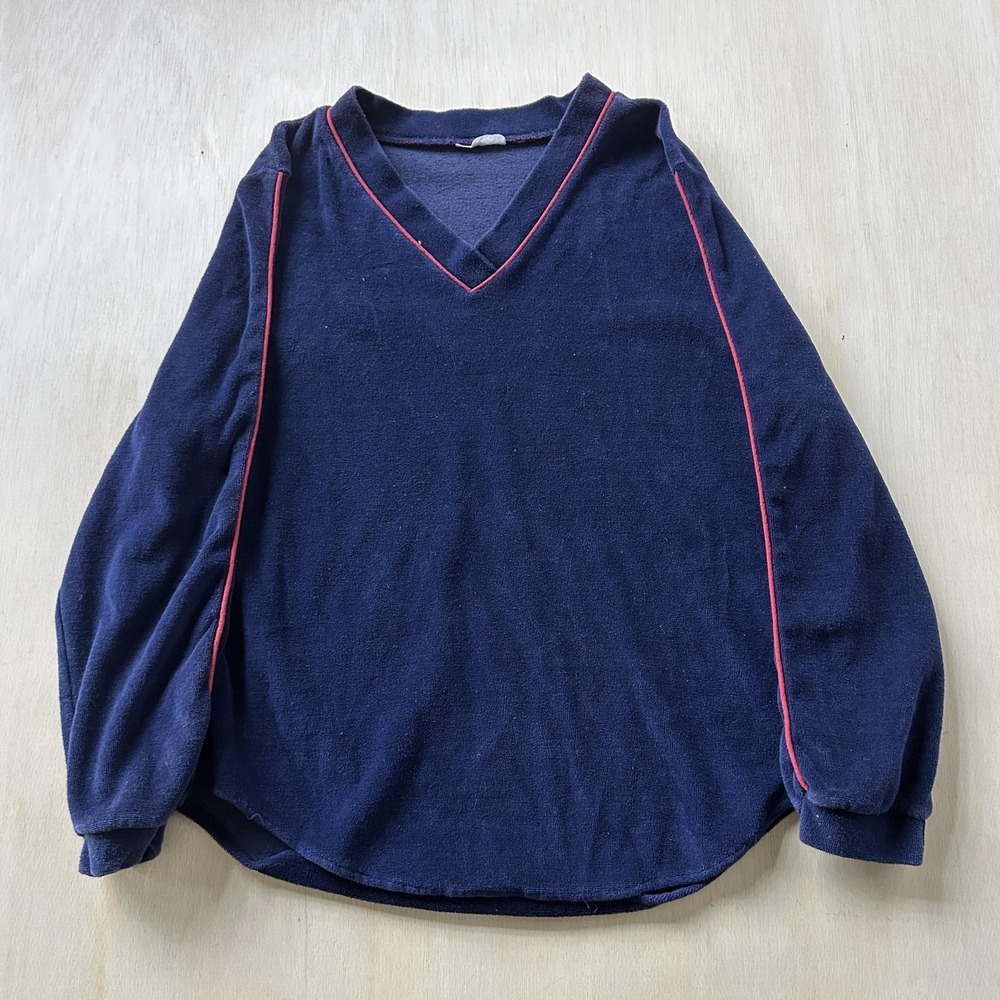 Vintage 80s Medium‎ Navy V Neck Pullover Contrast Trim Knit Long Sleeve Sweater